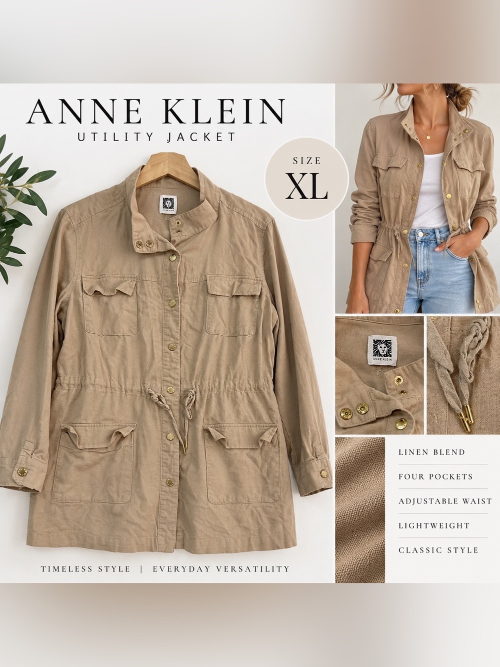 Anne Klein Linen Blend Utility Jacket XL Tan Safari Military Style